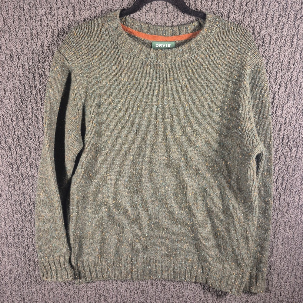 Orvis Sweater Mens Medium Olive Green Donegal Fleck Lambswool Blend Crew Neck